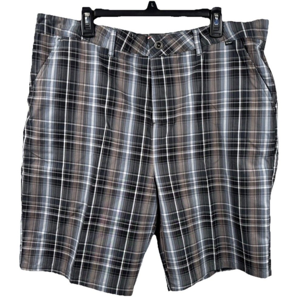 Hurley Shorts Men’s 38 Plaid Chino Gray Black Casual Flat Front Pocket Golf